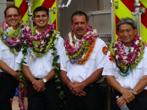 Maui's newest Battalion Chiefs, James Kino, Valeriano Martin, Derrick Arruda, and Karl Kubo were promoted to thier new posts during a badge pinning ceremony on Wednesday.  Photo by Wendy Osher.