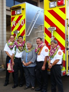 Mayor Tavares poses with newly promoted Fire battalion chiefs (L-R) James â€œKimoâ€ Kino, Valeriano Martin, Derrick Arruda and Karl Kubo.  Photo by Wendy Osher.