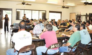 County of Maui Environmental Coordinator Kuhea Paracuelles (standing, left) addresses County and State employees at the Little Fire Ant training led by entomologist Mach Fukada (standing, right).  Photo Courtesy County of Maui.