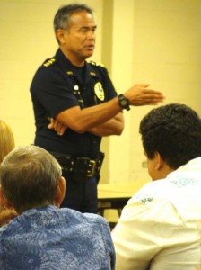 Maui Police Chief Gary Yabuta fields questions from Lahaina residents at the latest in a series of Town Hall meetings. Photo by Wendy Osher.