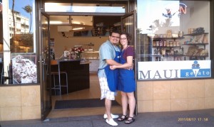 Dan Sanchez (left) and Valerie Kane (right) stand outside their new gelato store, Maui Gelato, at Dolphin Plaza, in Kihei, Photo courtesy of Kane.