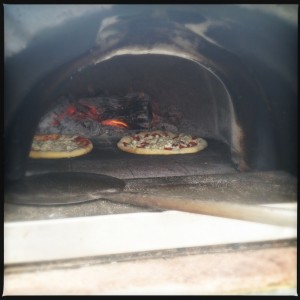 In the homemade wood burning oven-outrigger-pizza