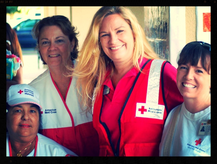 Red Cross Volunteers Barbara Jean Eberly, Arleen Carvalho, Maui County Director Michele Liberty, and Shannon Pyland. Courtesy Photo, Maui Red Cross.
