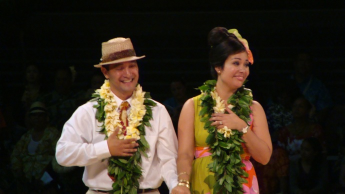 Nā kumu hula 'Iliahi and Haunani Paredes of Hālau Kekuaokalā'au'ala'iliahi, accept honors at the 50th edition of the Merrie Monarch hula festival. Photo by Wendy Osher.