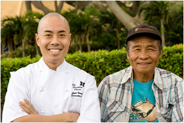 : Executive Chef Jojo Vasquez of The Plantation House re-unites with Farmer Sylvestre Tumbaga of Sylʻs Produce in Kula. In 2011 they joined forces to win the Judgesʻ Choice Award featuring Kula Sweet Corn. This year they plan to serve a Cauliflower curtido. Photo by Steve Brinkman Photography, courtesy of Kaʻuhane Inc.