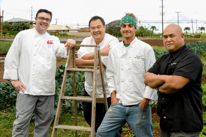 Some of the chefs confirmed at Grand Taste Education April 6th at Maui County Ag Festival. Left to right: Ryan Luckey, Hula Grill; Tylun Pang, Kō at The Fairmont Kea Lani, Maui, Jeff Scheer, Maui Executive Catering; and Riko Bartolome, Asia-Vous. Photo by Steve Brinkman, courtesy of Kaʻuhane Inc. 