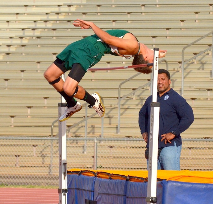 Maui Prep Academy's Troy Otto wins the high jump Friday with a season best 6 foot, 4 inches. Photo by Rodney S. Yap.