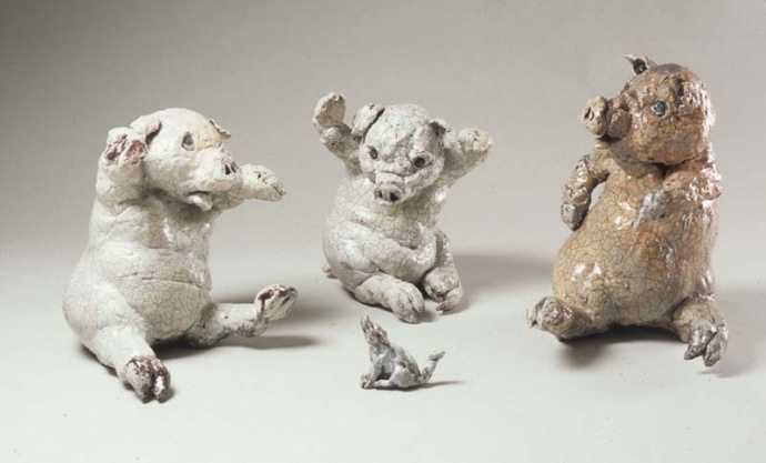 “The Three Not So Little Pigs & The Not So Big Not So Bad Wolf” by Jackie Lau Mild, 2007, ceramic-raku (located in Rep. Mark Nakashima’s office) - Credit: State Foundation on Culture and the Arts.