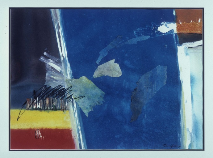 “View from the Plane” by Katsumi Yamashiro, 1984, watercolor, collage (located in Rep. Della Au Belatti’s office) – Credit: State Foundation on Culture and the Arts.