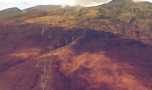 Maui's first windfarm project, the Kaheawa Windfarm, is located in Maalaea. The Ulupalakua project is designed to capture wind resources on the other side of Maui's isthmus along the Slopes of Haleakala. Other wind projects that have been discussed for Lāna'i have been met with controversy over potential transport of wind energy off-island. Aerial photography by Wendy Osher.
