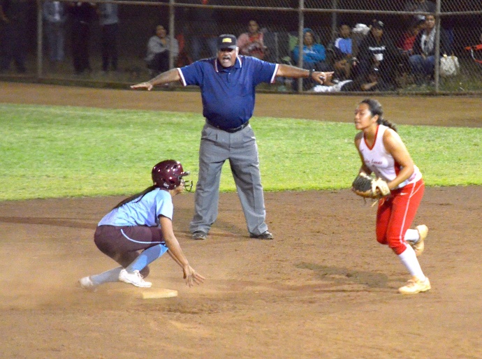 Baldwin's Alysha Sakamura is ruled safe at second base by . Photo by Rodney S. Yap.