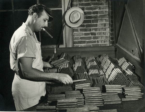 Sorting and grading - and seemingly sampling - cigars at the Corral, Wodiska & Company factory in Tampa, Florida circa 1947.