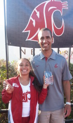 Kristine Felix holds her first-place award with Cougars' pole vault coach Matt McGee. Photo by Washington State Athletics.