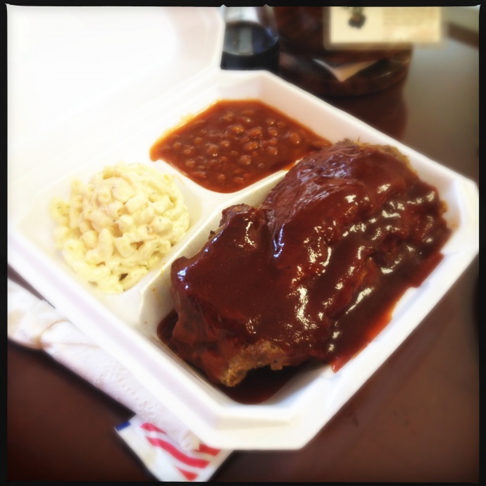 A full rack of ribs. Whether you dine in or take out, in comes in styrofoam. Photo by Vanessa Wolf