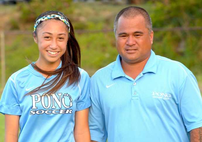 Ilihia Keawekane and '00 Pono soccer coach BJ Medeiros. Photo by Rodney S. Yap.