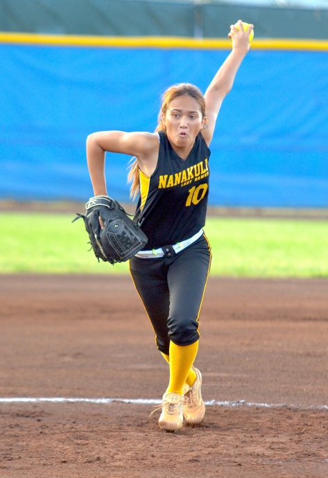 Nanakuli pitcher Chyanne Koko delivers a pitch in the second inning against Saint Francis in the state Division II girls softball championships at Patsy Mink Field. Photo by Rodney S. Yap.