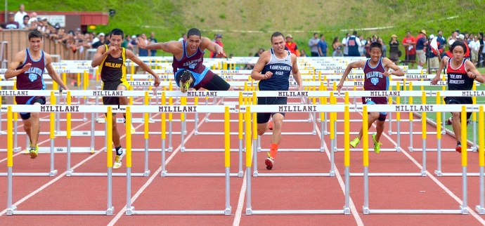 Baldwin High's Abraham Reinhardt opened the meet with a victory in the 110-meter high hurdles. Reinhardt was timed in 15.07. Kamehameha Maui's Connor Yap was third (15.51) and Tyler Feiteira of Baldwin was fourth (15.54). Photo by Rodney S. Yap.