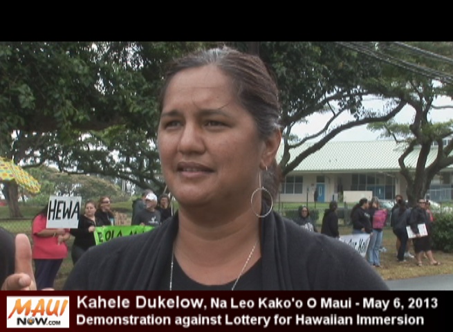 Kahele Dukelow, a parent of three Hawaiian immersion children as well as a professor of Hawaiian studies and language at Maui Community College, called the lottery system divisive, discriminatory and a threat to efforts to continue reviving the Hawaiian language. File photo by Wendy Osher.