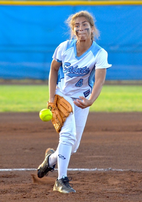 Saint Francis pitcher Shaye Simms delivers a pitch against Nanakuli in the first inning of the girls Division II state softball championships at Patsy Mink Field. Photo by Rodney S. Yap.