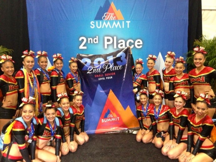 Hawaii All-Stars' Small Senior Level 4 pose with its second-place banner Sunday in Orlando, Fla. Photo by Kealii Molina.