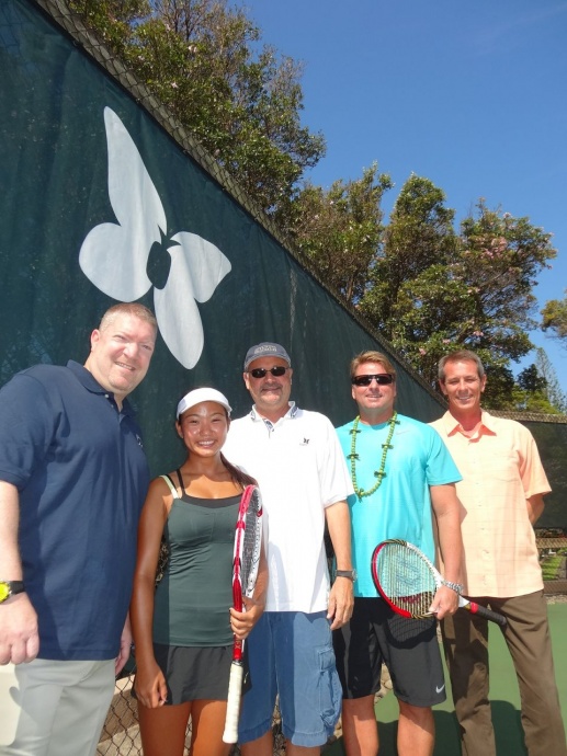 Maui Preparatory Academy's Jaylee Yasunaga poses with: from left, Johnathan Silver, Head of School/Maui Preparatory Academy; George Mackin, managing partner of Tennis Media Company and publisher of Tennis Magazine and Tennis.com; John Evert, internationally renowned coach and Evert Tennis Academy Director; and, Dean Otto, President/Board of Trustees, Maui Preparatory Academy. Photo by k3MarketingGroup.com.