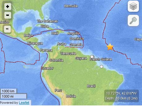 There is no tsunami threat after a 6.4 earthquake reported at 12:04 p.m. on Mon. June 24, 2013 in the Northern Mid-Atlantic Ridge. Map imagery courtesy USGS/ powered by Leaflet.