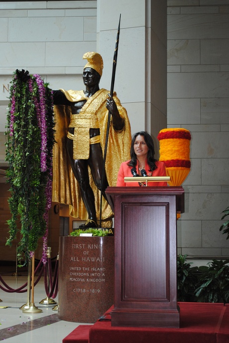 Rep. Tulsi Gabbard delivers remarks to honor the legacy of King Kamehameha at the annual lei draping ceremony in Washington, DC.  Courtesy photo.