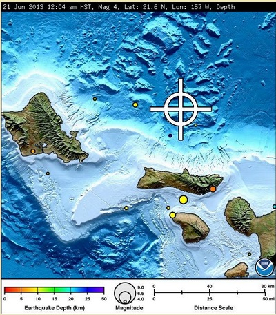 June 21, 2013 Maui County earthquake map posted by Pacific Tsunami Warning Center.