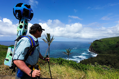 Hawaii Forest and Trail President Rob Pacheco sports the Trekker equipment as he prepares for a descent into Pololu Valley in North Kohala. Google Maps Blog photo.