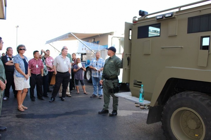 Special Response Team Lieutenant Danny Dods discussed the benefits of the department's Bearcat armored vehicle, which will be housed at the new station.