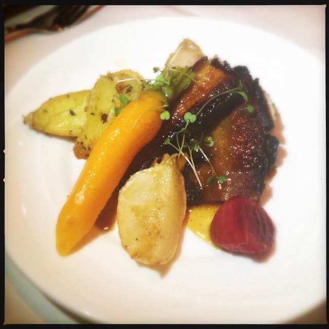 Roast pork, root vegetables and jus from last month's wine education event.
