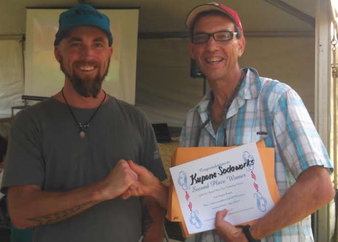 Mike Adams with Daniel Walsh of Kupono Sodaworks, LLC, second place winner of the 2nd Annual Maui Food Technology Center's Food Product Contest held on April 6, 2013. Courtesy photo.