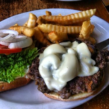 The Mushroom Swiss Burger comes with fries or mac salad: pick the mac salad. Photo by Vanessa Wolf