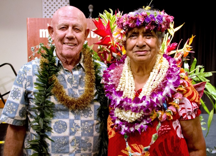 Outstanding Older American Winners Fred Ruge and Kanee Wright pose at the awards luncheon at Maui Beach Hotel.  Photo courtesy: County of Maui / Ryan Piros.
