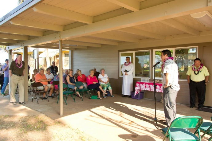 Welcome remarks from Parks & Recreation Director Kaala Buenconsejo at the Blessing and Grand Re-opening of the Maui Bridge and Intellectual Games Center at the Kenolio Recreational Complex in Kihei. (3.18.2015) Photo courtesy County of Maui.