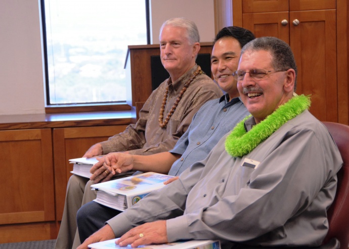 Council Chair Mike White joins Council members Don Guzman and Michael Victorino as Maui Mayor Alan Arakawa presents the Council with his version of the FY 2016 budget. Photo courtesy County of Maui, Office of the Mayor.  