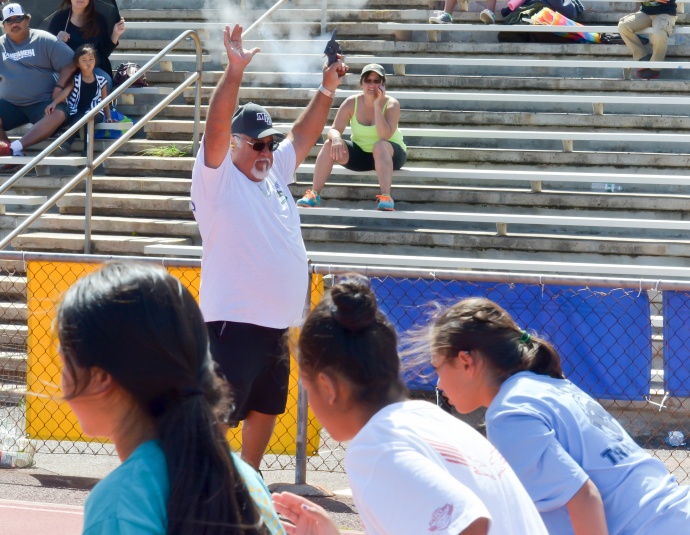Longtime former Maui Interscholastic League starter Spike Tavares was busy all day Saturday. Photo by Rodney S. Yap.