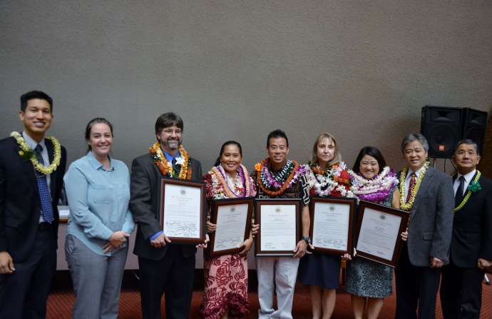 State Teachers of the Year awardees with Education Chair Roy Takumi, Vice-Chair Takashi Ohno, and district Representatives Nicole Lowen and Bert Kobayashi.  Photo Courtesy of House Communications – Majority.