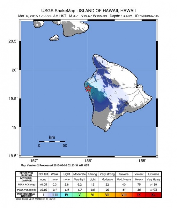 Hawaiʻi Island earthquake, 3/6/15 shake map courtesy USGS.