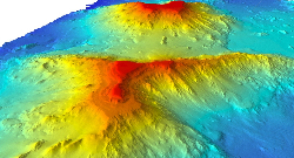 images of extinct volcanoes (now called seamounts), drowned reef terraces, giant undersea landslides, huge long ridges, and other mysterious features that exist within the monument.  Courtesy Maui Ocean Center.