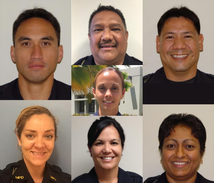 Maui Police Department Sergeant promotions, as of April 23, 2015.  Top row: (l to r) Duke Pua, Nathan Pellazar and Rockwell Silva; middle row: Joy "Kanani" Medeiros; bottom row: Heather Gilroy, Tanya "Kehau" Dods and Surendar Singh.