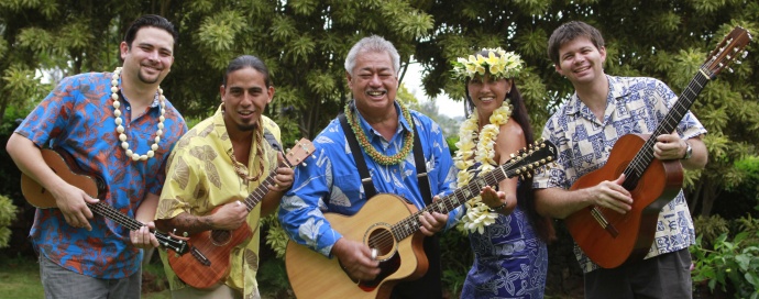George Kahumoku Jr. and his Slack Key show ‘Ohana include (left to right) Garrett Probst, Peter deAquino, George Kahumoku Jr., Wanani Kealoha and Sterling Seaton. Courtesy photo.Peter deAquino, George Kahumoku Jr., Wanani Kealoha, Sterling Seaton) George Kahumoku Jr’s “What’s New?” Courtesy photo.