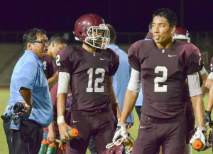 Baldwin's brother combination of Chayce Akaka (12) to Taje Akaka (2) hooked up for three touchdowns Saturday against Kamehameha Maui. Photo by Rodney S. Yap.