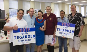 Deidre Tegarden surrounded by supporters as she officially files papers for the 2016 election. Courtesy photo.