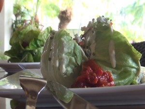 Joe's classic iceberg wedge, with a butter lettuce bouquet salad in the background, both available at Gannon's in Wailea. Photo by Kioara Bohlool.