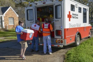 March 14, 2016. West Monroe, Louisiana. Red Cross volunteers from around the country are supporting flood relief efforts in Northeast Louisiana by delivering water, snacks and other supplies to neighborhoods that were affected. Photo by Daniel CIma/American Red Cross