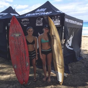 Girls short board division had a 1st place win by Hailey Arakaki (left) & 2nd place by Hannah Talavs (right),both students of Maui High School. Courtesy photo.