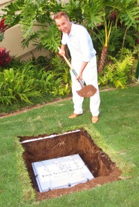 General Manager Jean Claude Wietzel performing the ceremonial first scoop Four Seasons Resort Maui, Time Capsule ceremony.) (2.29.16)