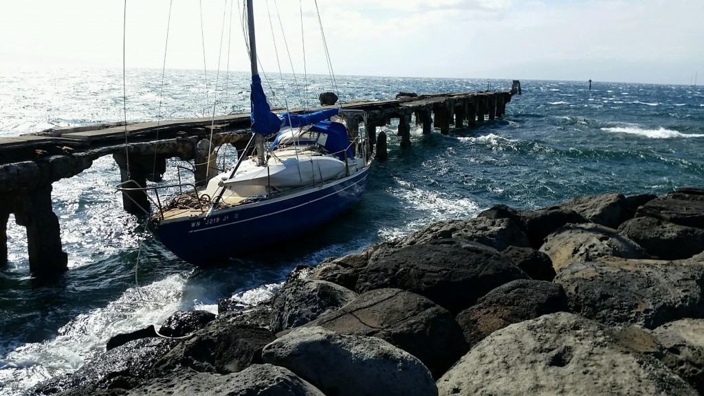 Sailboat breaks free from its mooring in West Maui. Photo 4.6.16 credit Maui Department of Fire and Public Safety.