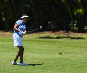 Cindy Catugal hits her approach to number nine green during the 2016 BMW Ultimate Challenge at Kāʻanapali Golf Resort Royal Course. April 30th, 2016. Photo credit: Aric Becker.